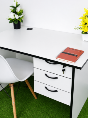 Modern Office Desk with Lockable Drawers & Scandinavian Visitor Chair – White Finish